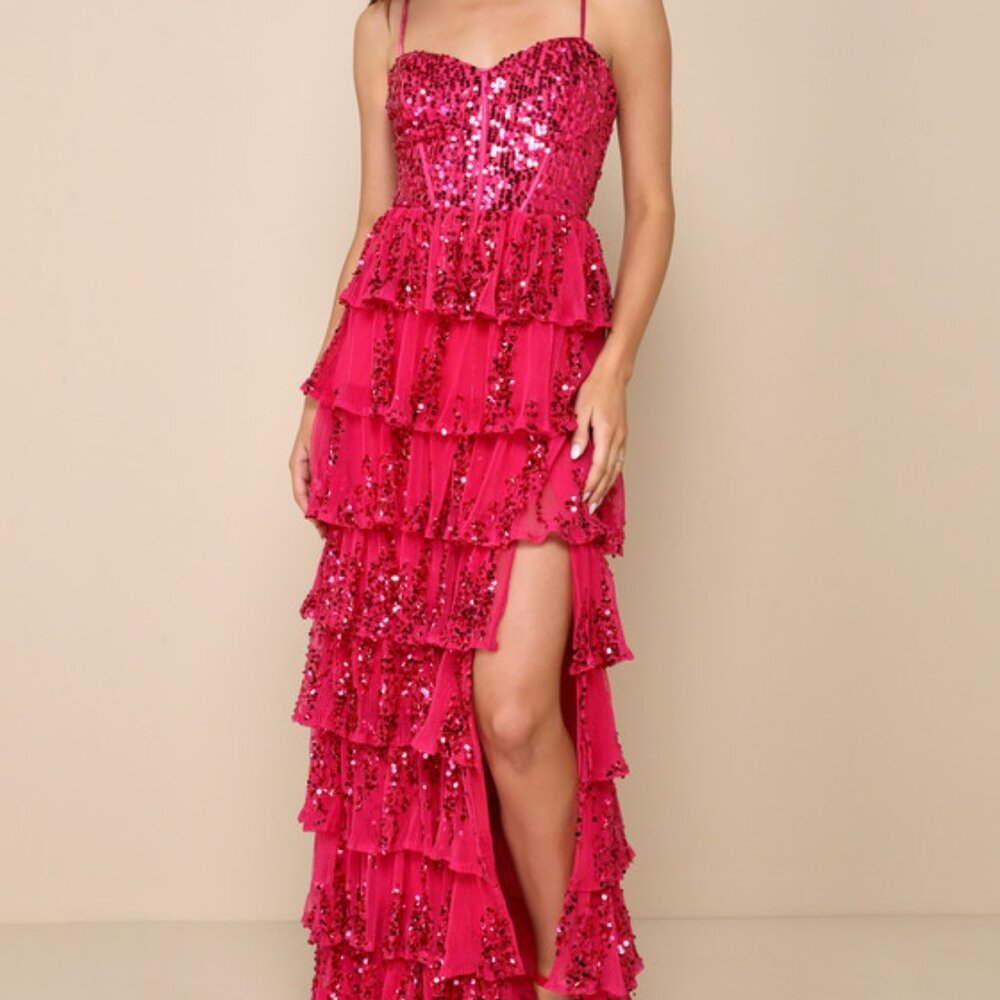 Lulus Shimmering Muse Magenta Sequin Tiered Lace-up Maxi Dress Pink - Size M
